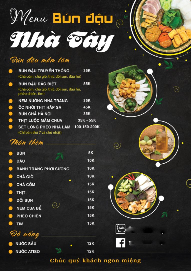 menu bún đậu đen sang trọng