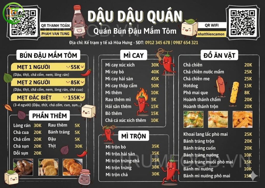mẫu menu bún đậu mắm tôm đẹp cho quán bún đậu