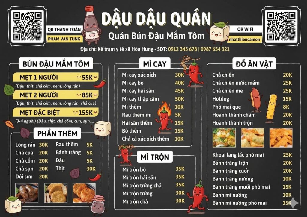 mẫu menu quán bún đậu mắm tôm