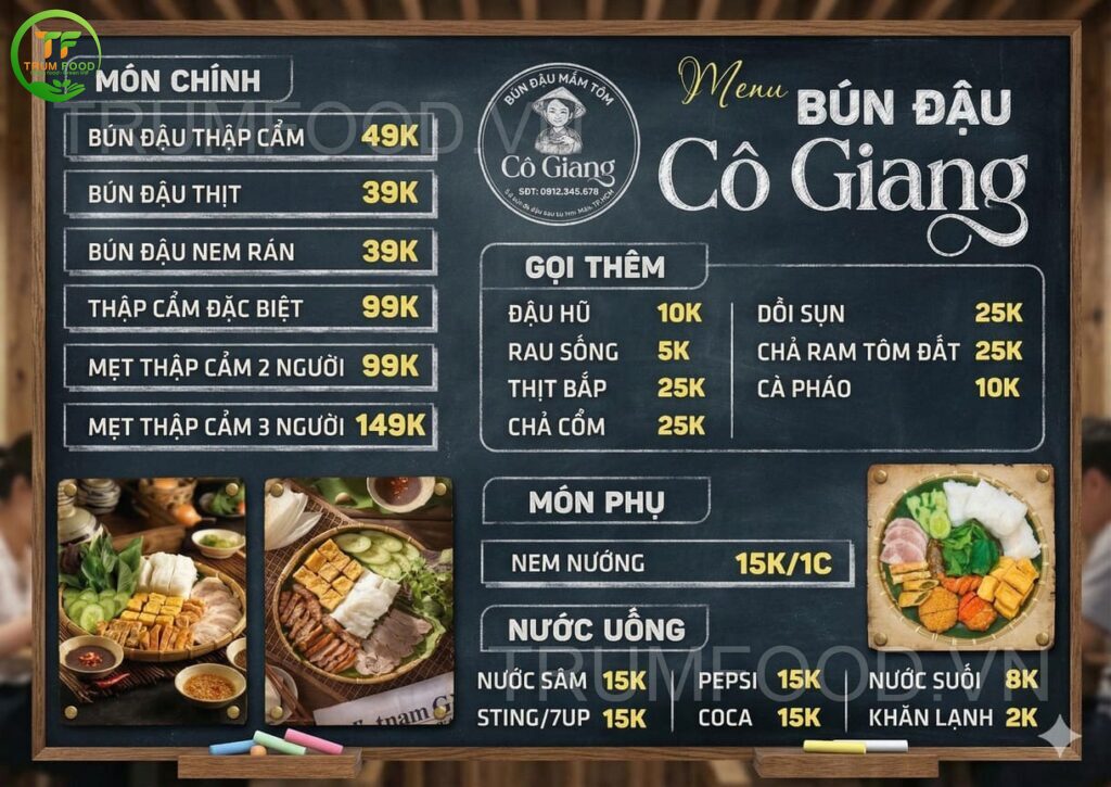 menu bún đậu dạng bảng phấn đẹp