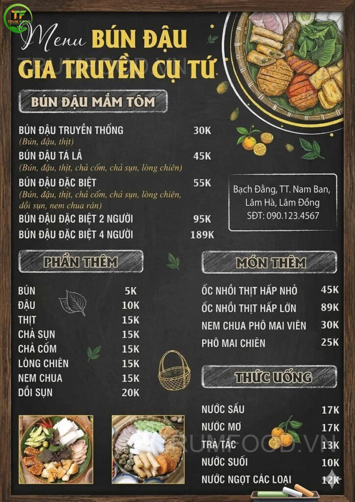 Menu bảng phấn với đầy đủ thông tin 