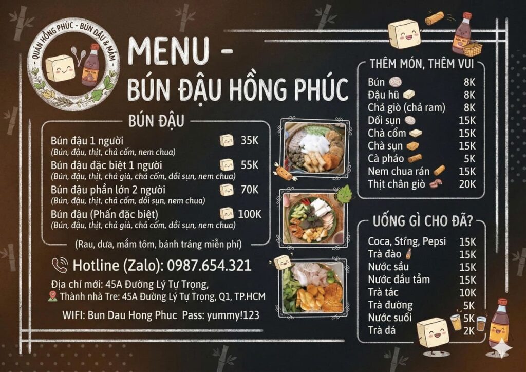 mẫu menu quán bún đậu mắm tôm