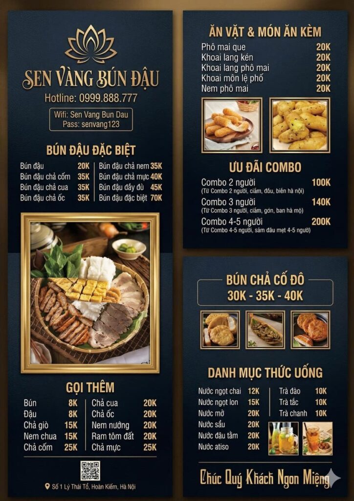mẫu menu quán bún đậu mắm tôm