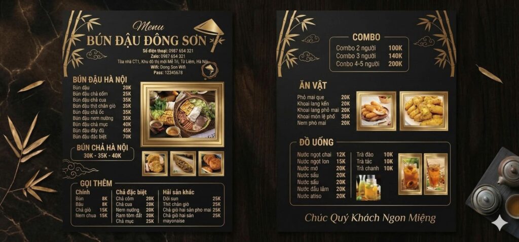 mẫu menu quán bún đậu mắm tôm