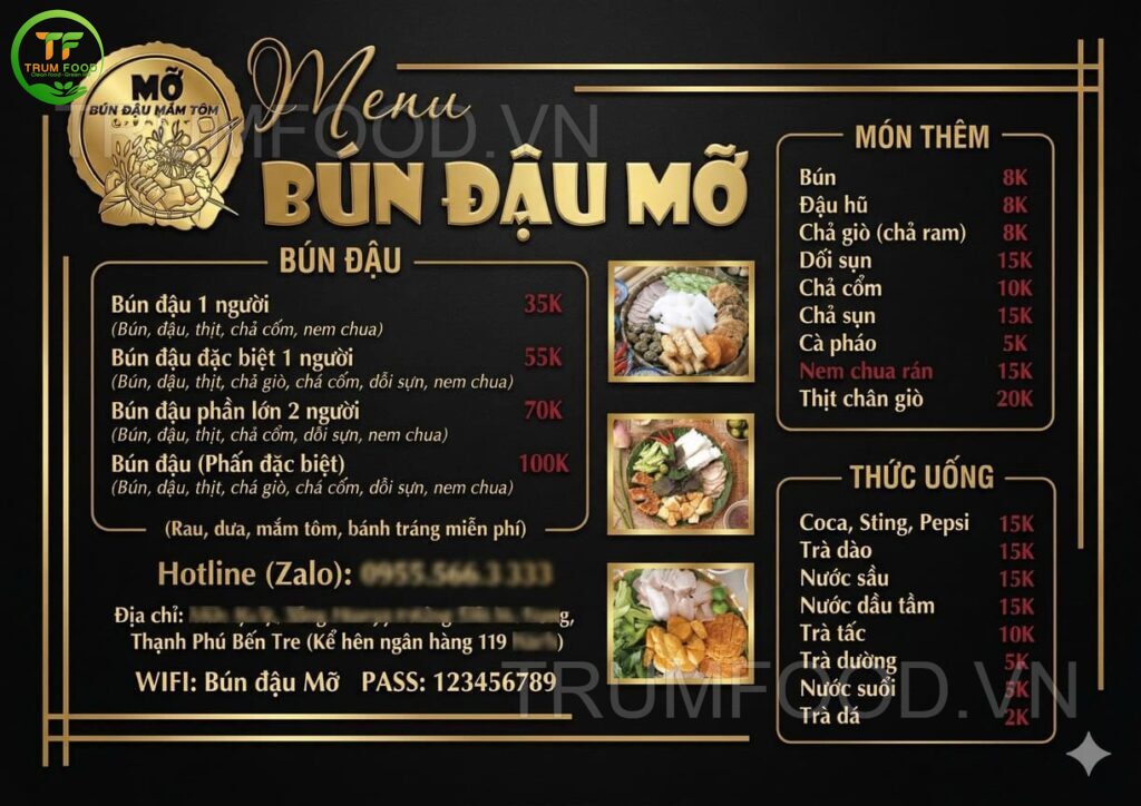 mẫu menu bún đậu mắm tôm cho quán bún đậu
