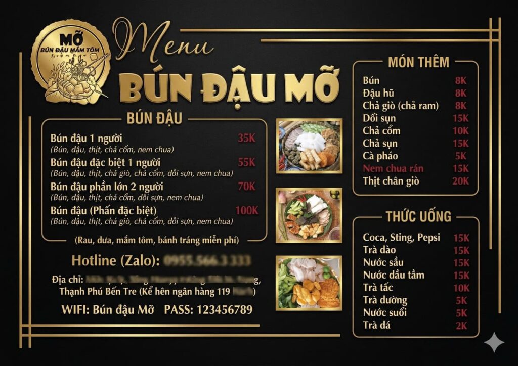 mẫu menu quán bún đậu mắm tôm