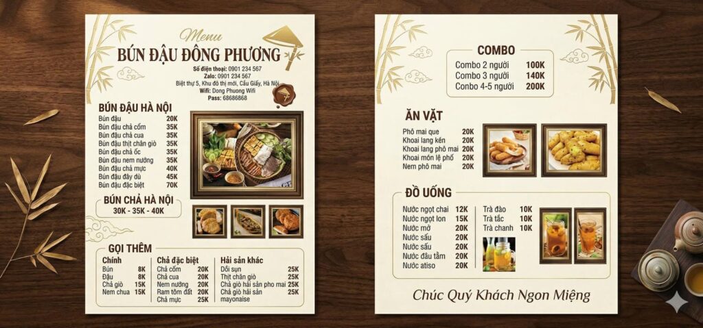 mẫu menu quán bún đậu mắm tôm
