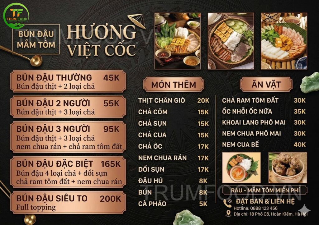 mẫu menu bún đậu mắm tôm trumfood 