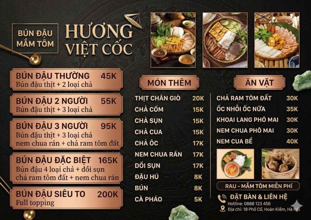 mẫu menu quán bún đậu mắm tôm