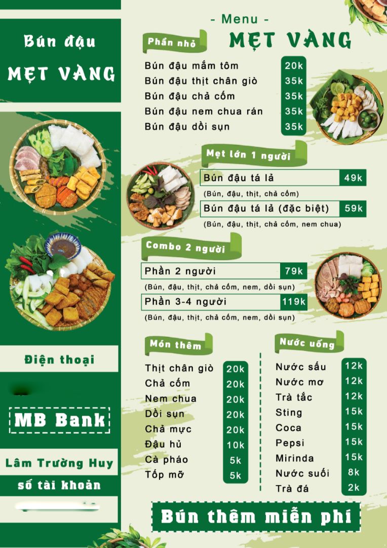 menu bún đậu cầu kỳ