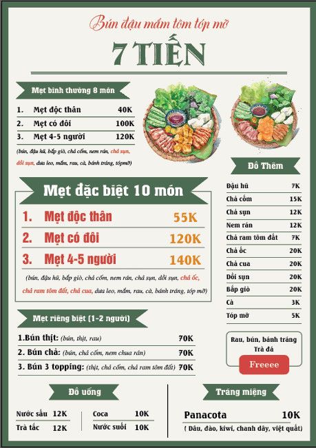 menu bún đậu màu xanh 