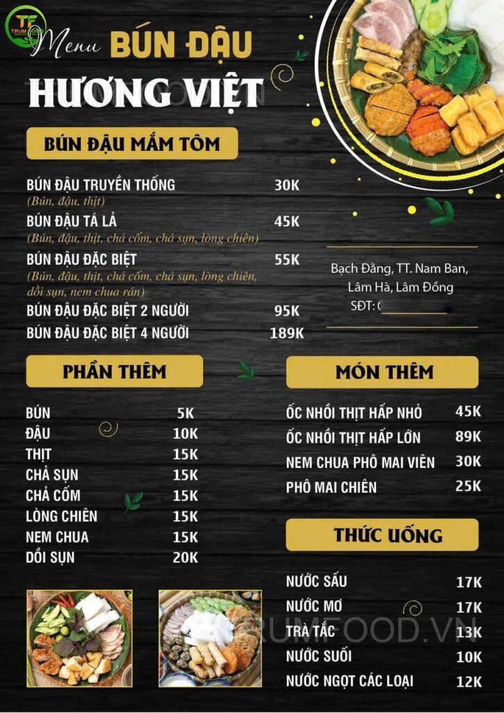 mẫu menu bún đậu mắm tôm trumfood 