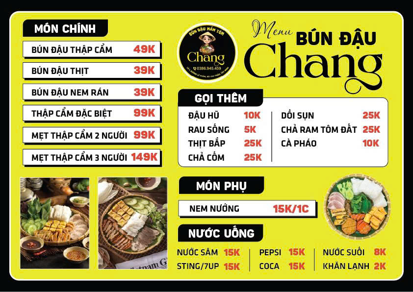 mẫu menu quán bún đậu mắm tôm