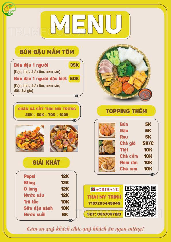 mẫu menu bún đậu mắm tôm đẹp cho quán bún đậu