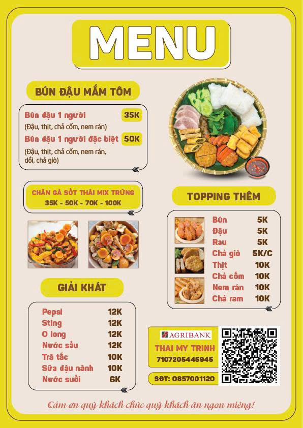 mẫu menu quán bún đậu mắm tôm