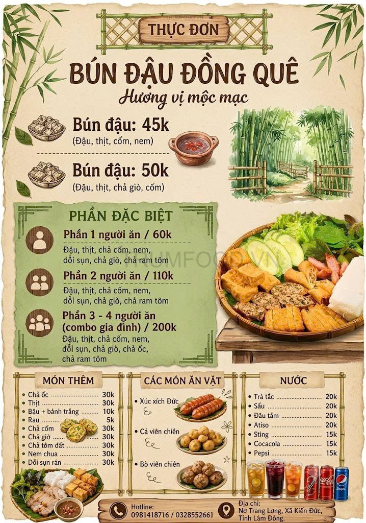 menu bún đậu mắm tôm đẹp
