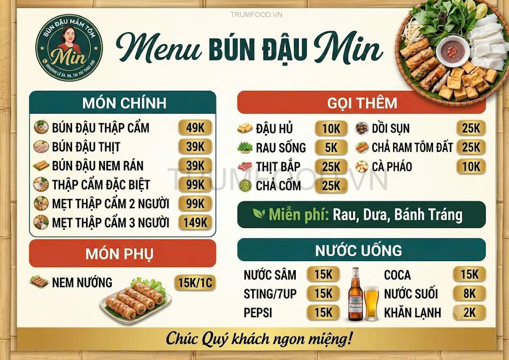 menu bún đậu mắm tôm đẹp