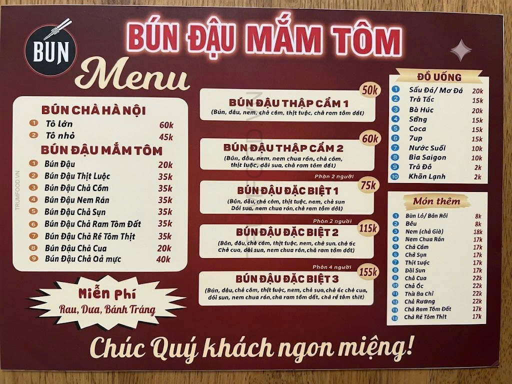 menu bún đậu mắm tôm đẹp